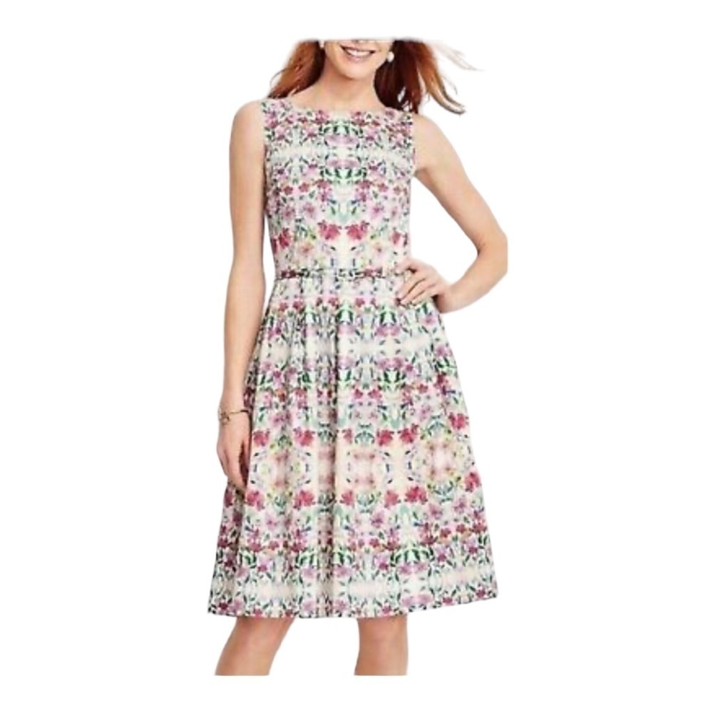 TALBOTS Floral Lined Cotton Sleeveless Dress Belt Pockets Sz 16P
